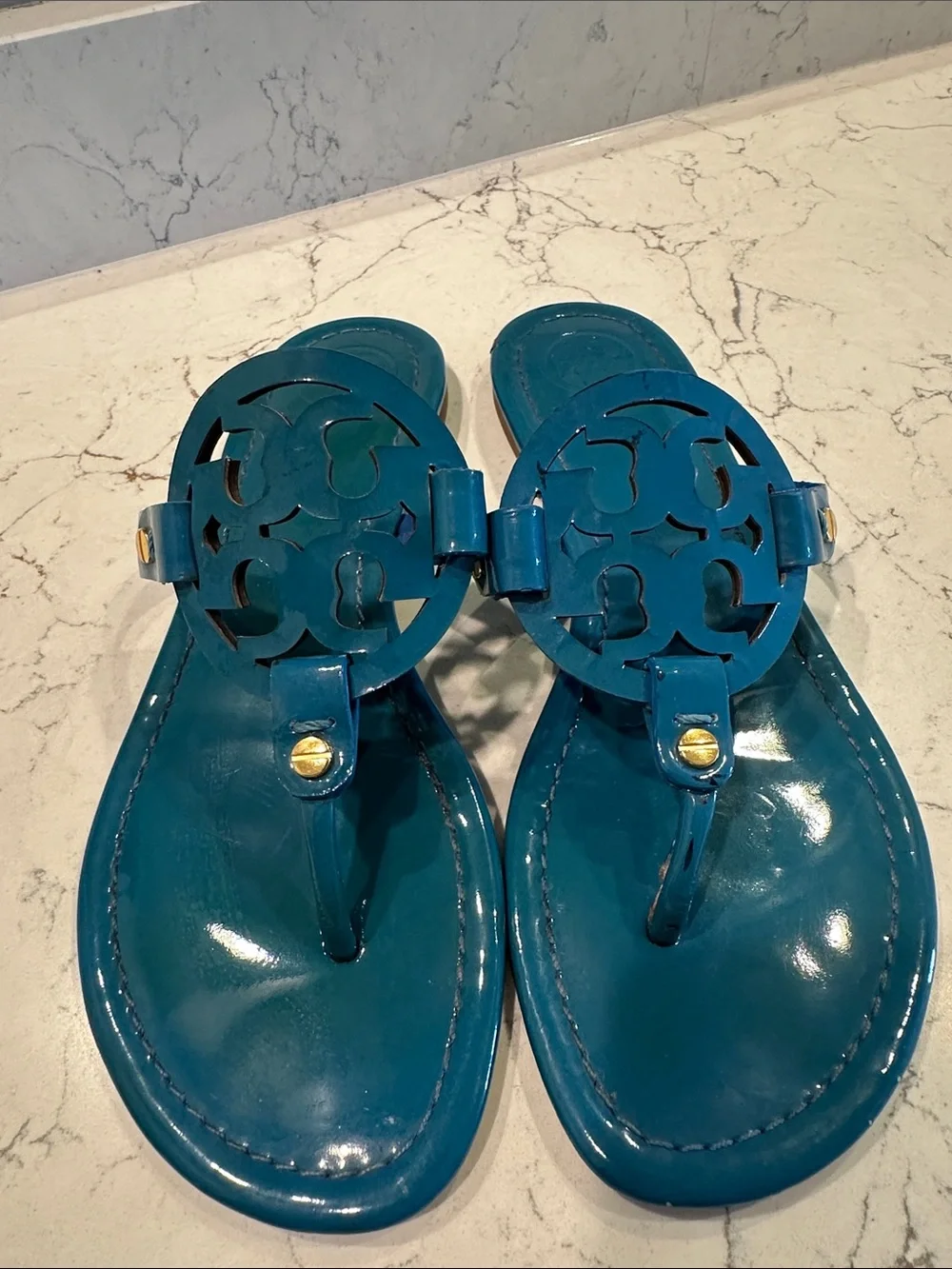 Tory Burch Miller Teal Blue Green Patent Sandals Size 7